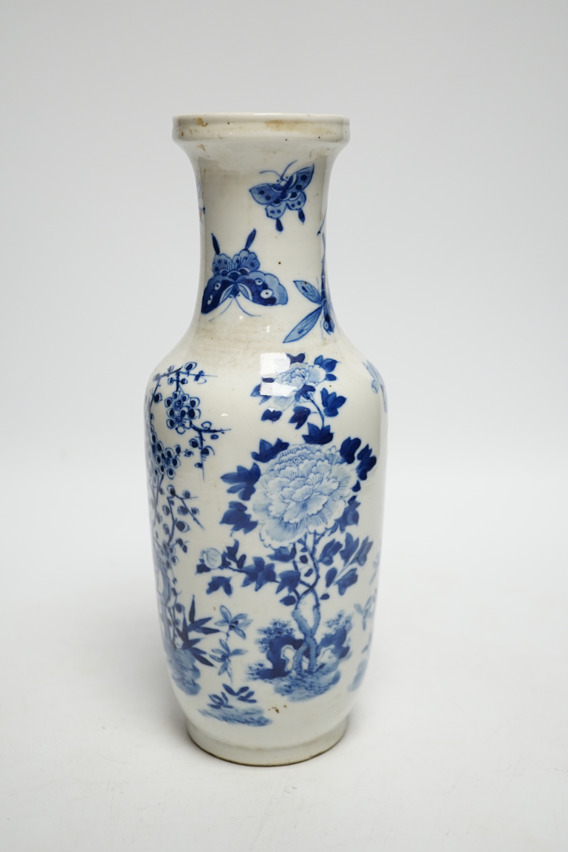 A 19th century Chinese blue and white vase decorated with flowers and bugs, 25cm high